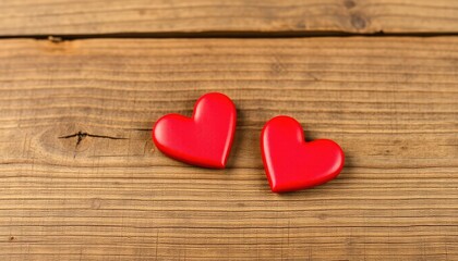 Valentines day background with two red hearts on wooden background, ai