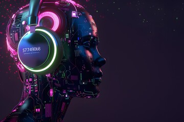 Side view of a humanoid head with blue and yellow eyes and vibrant neon neural network, representing futuristic technology and artificial intelligence