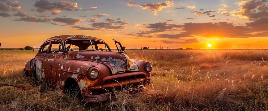A rusty vintage car abandoned in a field at sunset.