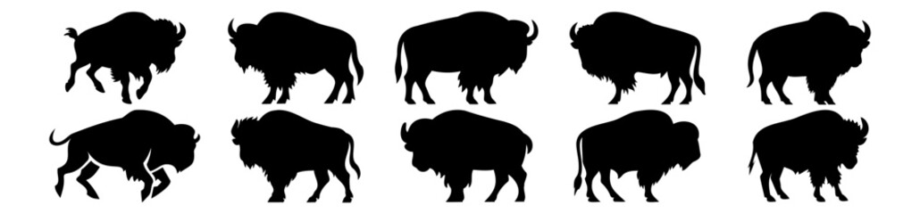 Buffalo silhouettes set, pack of vector silhouette design, isolated background