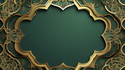 Islamic Ramadan background in green with gold borders, designed for greeting cards with Ramadan Kareem and Eid Ramadan concepts