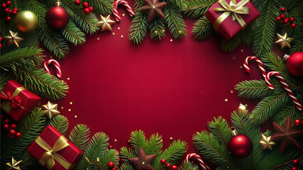 Christmas background with fir tree branches, candy canes and red baubles.