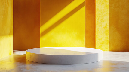 Geometric yellow product podium display in a 3D room, featuring a minimal pedestal and abstract light and shadow for a modern cosmetic presentation