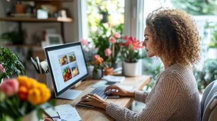 A woman with curly hair works on her computer in a home office filled with various plants. Her workstation captures a serene and focused environment with natural elements.