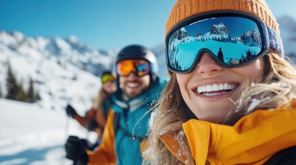 A group of friends in colorful ski gear are skiing on a beautiful sunny day in the snowy mountains, with a clear blue sky and snow-covered peaks in the background.