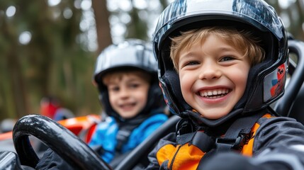 Two children, protected by helmets, happily enjoy driving go-karts outdoors, capturing the thrill, joy, and adventurous spirit of childhood alongside friends in a playful setting.