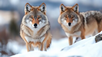 Obraz premium Two wolves, with one in focus and the other slightly blurred, are standing on a snow-covered hillside, showcasing the natural beauty and ruggedness of the wild during winter.