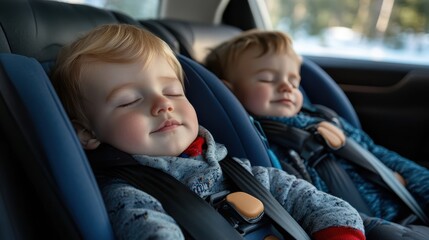 Two babies sleep peacefully in car seats, embodying the serenity and calmness of innocent rest during a car ride, ensuring a moment of tranquility and safety.