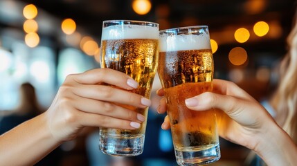 The image captures two hands exchanging a toast with frothy beer glasses, set against a warmly lit background, symbolizing celebration and camaraderie.