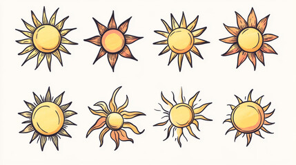 Sun icons in a simple, hand-drawn style. These symbols show the sunset and the summer heat. They are half-round and easy to understand.