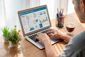 Fototapeta premium Computer software for website traffic analytics data on computer screen. Concept of SEO search engine optimization and customer targeting for online business snugly