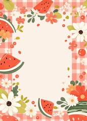 Cute Cartoon Frame Border Vector with Watermelon, Floral, and Checkered Background in Flat Style on Pastel Green, Ideal for Summer Advertising, Banners, or Posters