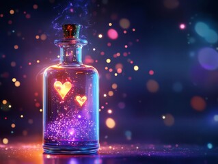 A love potion in a glass vial, with sparkling holographic effects and glowing mist, Fantasy, 3D render, Luminescent colors