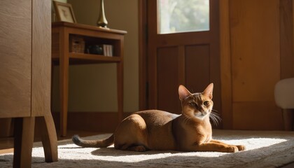 A beautiful Abyssinian cat, with its characteristic slender build and rich coat, relaxes on a carpet, enjoying the sunlight filtering through the room