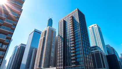 Rising along the beautiful high-rise building with open balconies. Revealing view on Chicago downtown with stunning skyscrapers on sunny day isolated with white highlights, png