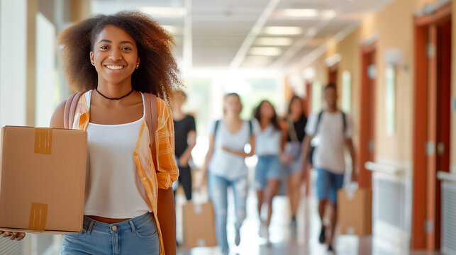 A student smiles while carrying a box, walking confidently in a bustling school corridor filled with friends