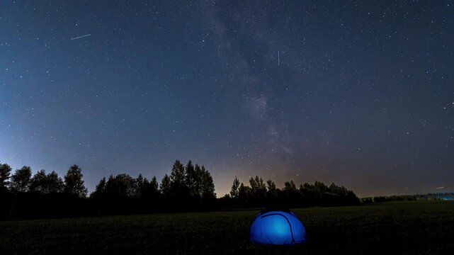 Time Lapse of Milky Way Moving over blue Glowing Tent. Night Starry Sky 
