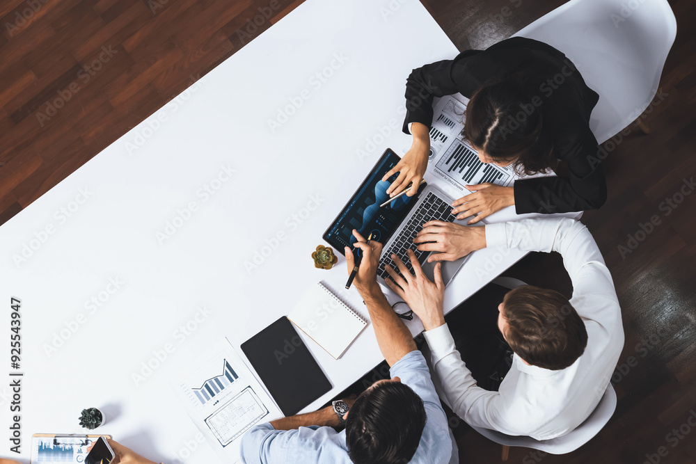 Fototapete Group of office worker and businesspeople working on business financial data analysis. Empty space with editable blank background meeting table for customer design. Prudent
