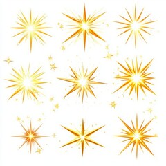 A set of sparkling stars, comic style, bright yellow and white, dynamic bursts, isolated on white background