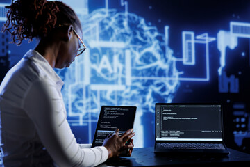 Tech support updates neural networks made of interconnected nodes, writing intricate binary code...