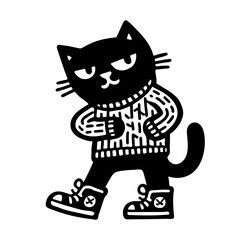 cool black cat wearing a sweater and sneakers illustration