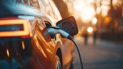 A close up illustration of an electric vehicle (EV) being charged at a charging point