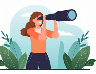 Happy woman holding huge tourists binocular and looking far ahead. Vector illustration for observation, discovery, future concept