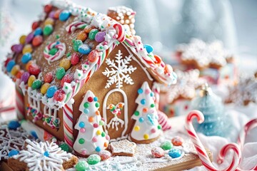 Naklejka premium A close up of a gingerbread house decorated with colorful icing and candy, surrounded by snowflake cookies and candy canes