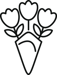 Minimalist line art icon of three tulips in a cone representing springtime and floral beauty