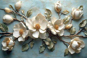 elegant floral relief intricate stucco artwork depicting magnolia blossoms with delicate petals and waxy leaves the sculptural piece showcases the beauty of nature through skilled craftsmanship