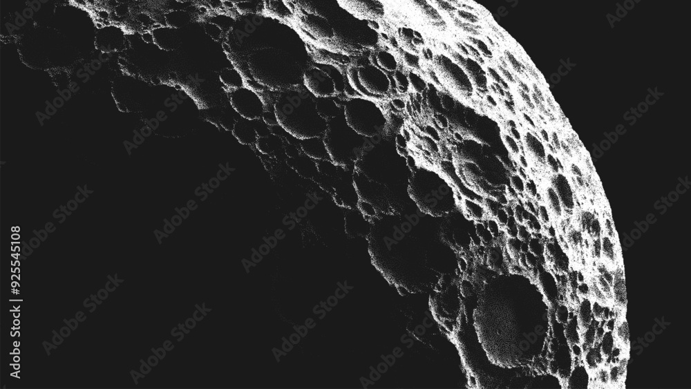 Poster moon or asteroid in stippling style with many impact craters. rocky satellite covered by lunar crate