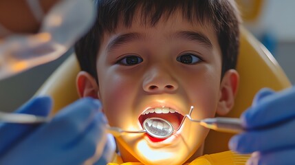 an illustration of a little Asian boy sitting in a dentist chair getting dental treatment