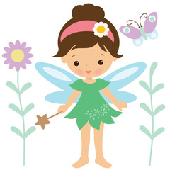 Cute little garden  fairy with a magic wand
vector cartoon illustration