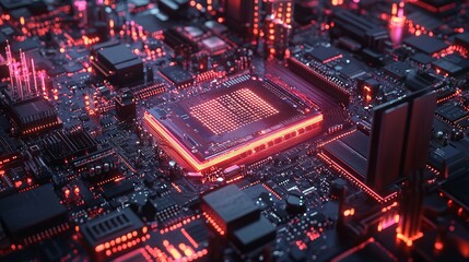 Obraz premium A futuristic microchip processor with lights on a blue background, representing a quantum computer and large data processing. The design includes an isometric view of the CPU and digital chip