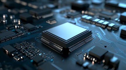 A futuristic microchip processor with lights on a blue background, representing a quantum computer and large data processing. The design includes an isometric view of the CPU and digital chip