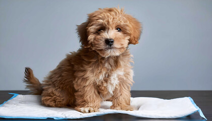A Maltipoo puppy sitting on a training pad. Puppy peeing on a diaper. Toilet training a puppy. 