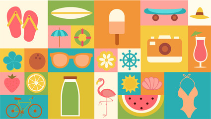 Summer vacation: collection of colorful vacation icons. Geometric bauhaus pattern.