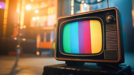 A vintage television shows a bright array of colors, casting a warm glow in a lively studio bustling with creativity and energy at dusk