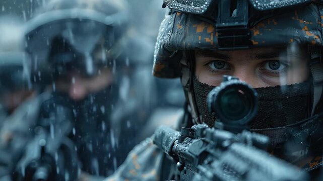 close up face portrait group of sniper soldier doing missing standing aiming the gun with raining spray 