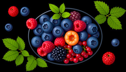 Multicolored assorted mix berries: blueberries, raspberries, redcurrant, blackcurrant and mulberries in a black plate on black background. Top view, flat lay isolated with white highlights, png