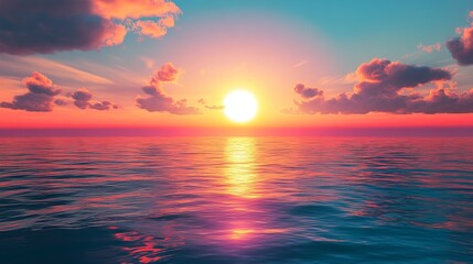 Fototapeta premium A sunset over the sea, with the sun's reflection shimmering on the water.