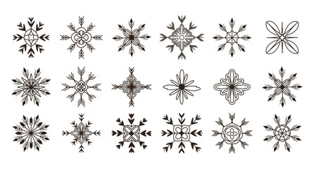Set and collection trendy modern snowflakes in line art style. One Line. Sparks and glows. Ornament. Template. Twinkle shapes and elements. Glitter. New Year. Holiday. Stroke. Flat style. Xmas. y2k