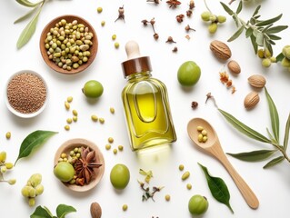 Flat lay  bottle of organic edible evening primrose oil placed at the center of a clean and minimalist white table.
