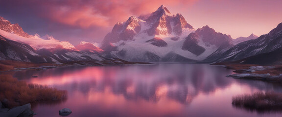 A breathtaking scene of a mountain range at sunrise, with the sun casting golden rays over snow