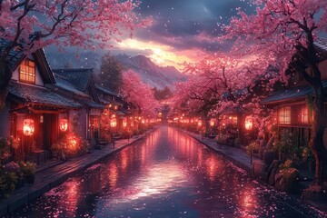 enchanting twilight scene of a traditional japanese street lanternlit wooden houses with paper screens cherry blossoms overhead in dreamy anime watercolor style