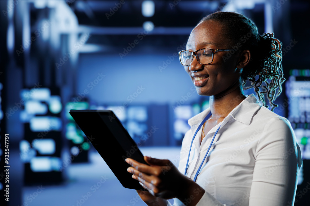 Poster smiling woman between server hub rows providing processing resources for businesses worldwide. happy