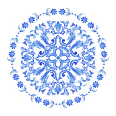 Blue Round pattern Baroque style. Handmade Ceramic from watercolor. Traditional tribal ornament. Round plate. Capri Maiolica