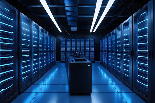 A large room with many computer servers and a black computer desk