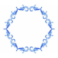 Blue Round pattern Baroque style. Handmade Ceramic from watercolor. Traditional tribal ornament. Round plate. Capri Maiolica