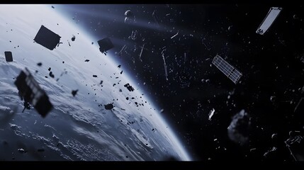 Obraz premium View of Space Debris Orbiting Earth, Featuring Satellite Wreckage and Rocket Fragments in Outer Space. Space Junk and Its Impact on Earth's Orbit, Highlighting the Growing Problem of Space Pollution